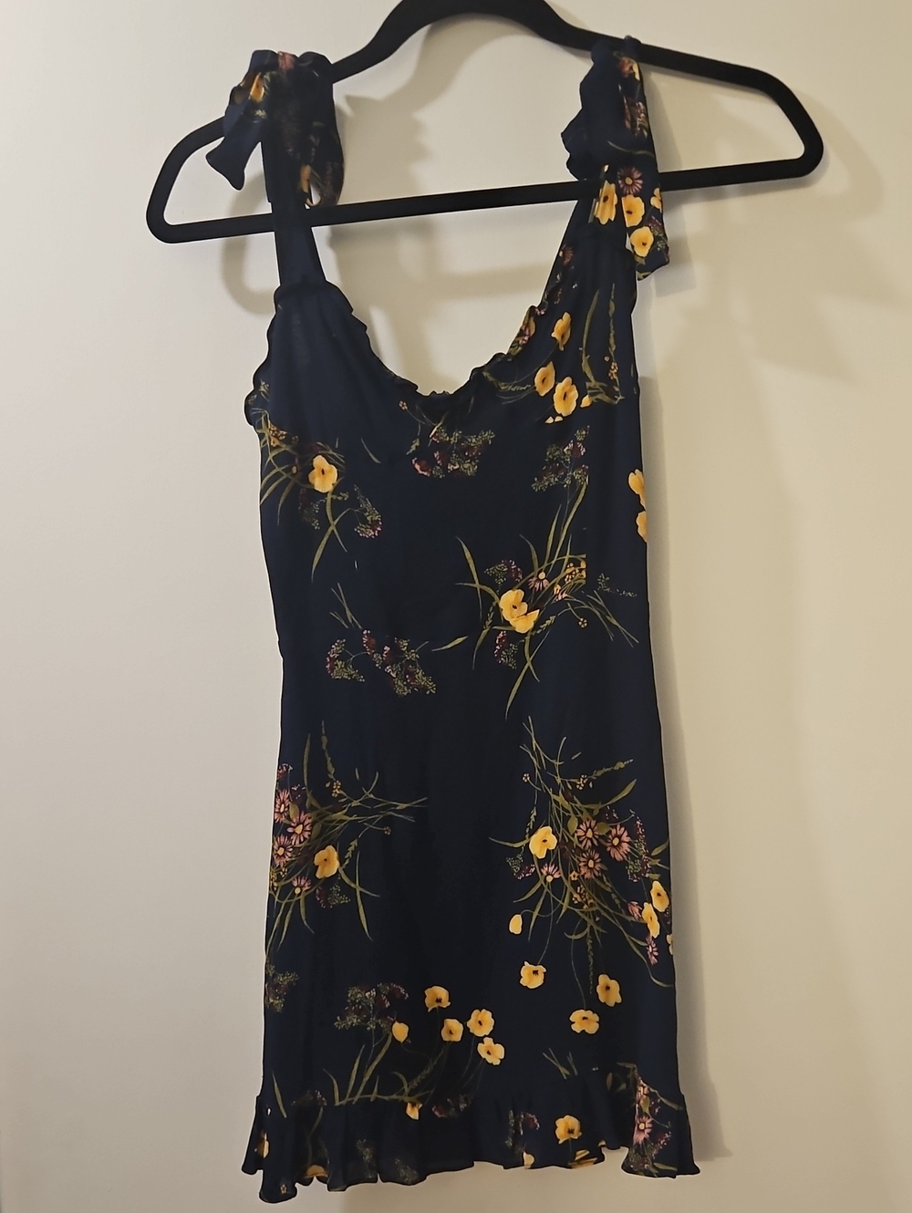 Reformation Floral Tie-Shoulder Mini Dress in Navy and Yellow Size 6